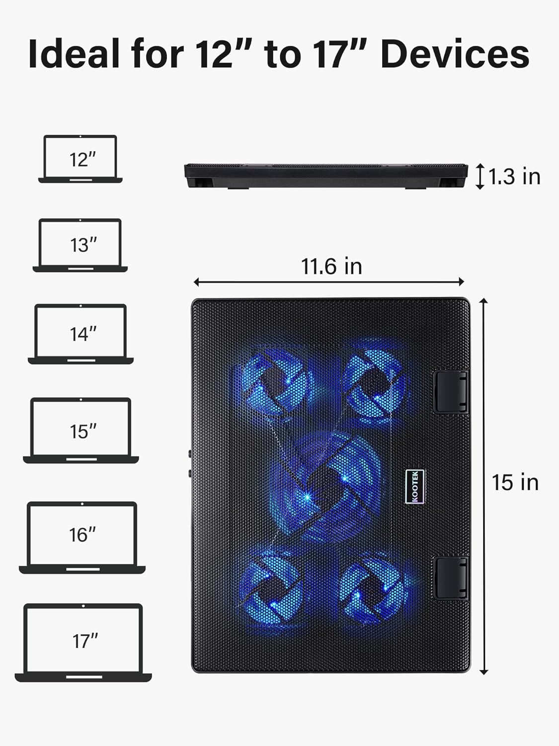 Laptop Cooling Pad 12-17 Cooler Pad Chill Mat 5 Quiet Fans LED Lights and 2 USB 2.0 Ports Adjustable Mounts Laptop Stand Height Angle