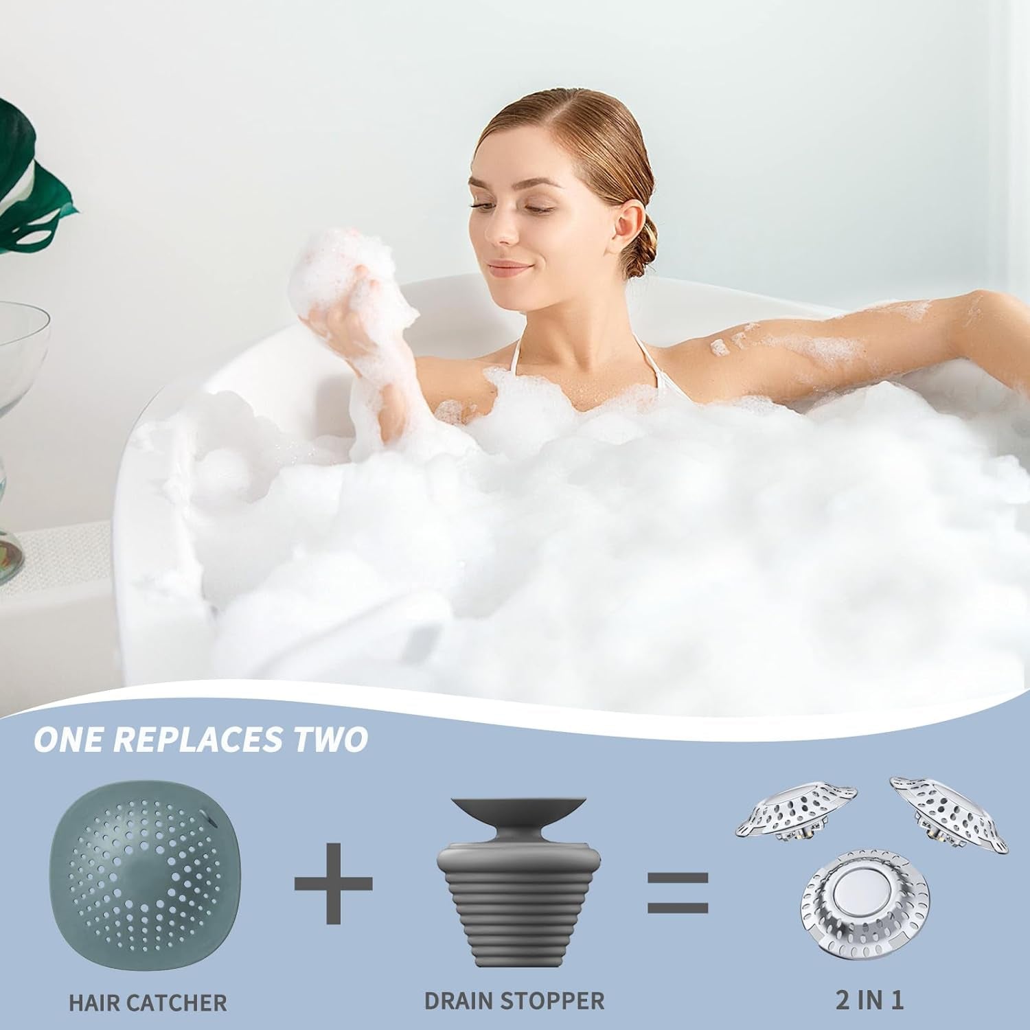 2 in 1 Tub Stopper Bathtub Drain Hair Catcher, Effective Bathtub Stopper with Dual Filtration Design, Anti-Clogging Bathtub Drain Plug Bath Tub Stoppers for 1.45-1.8" Drain Shoe