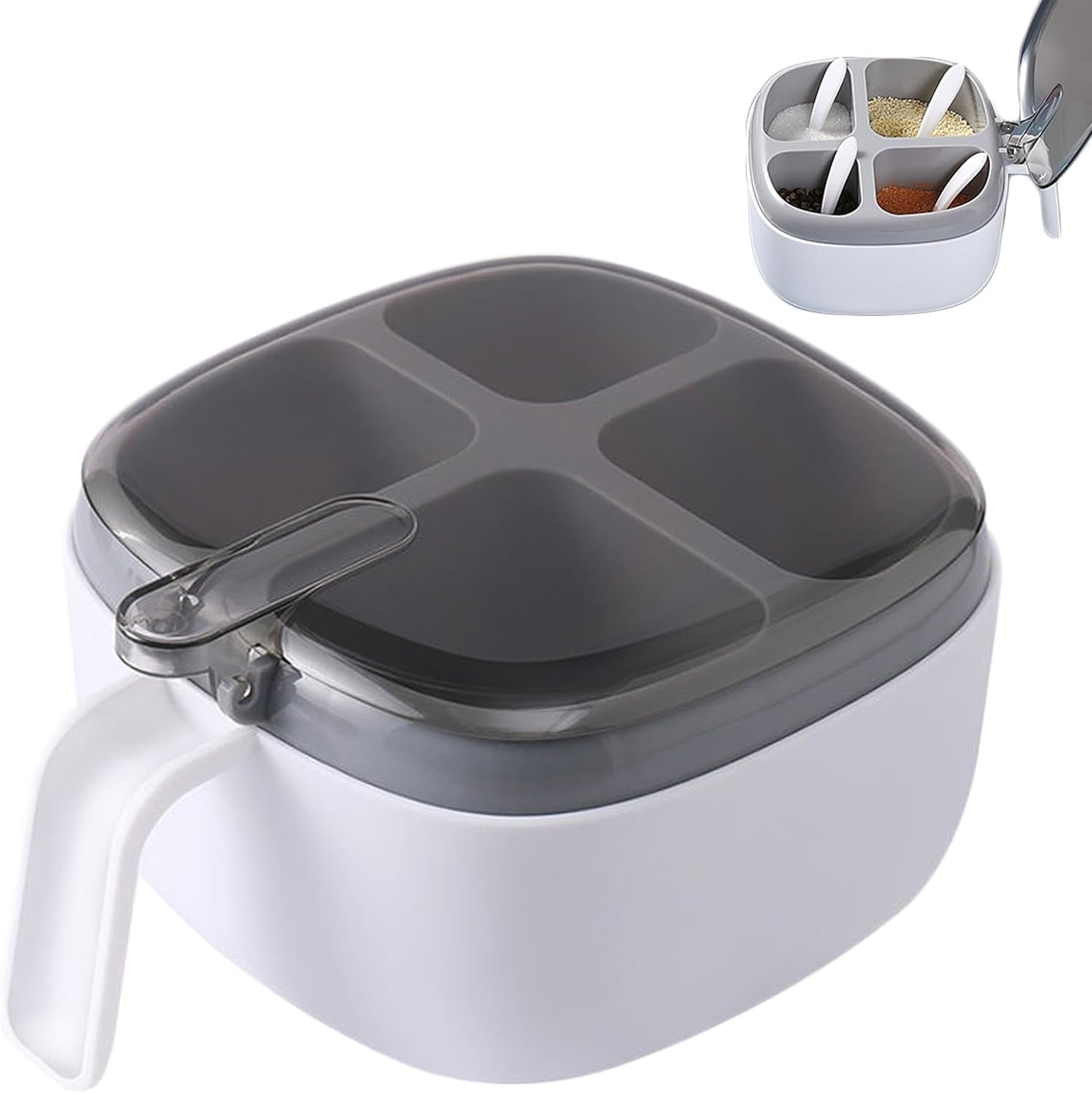 Seasoning Box with Lid and Spoon, 4 Compartment Spice Pots with Handle for Household Kitchen