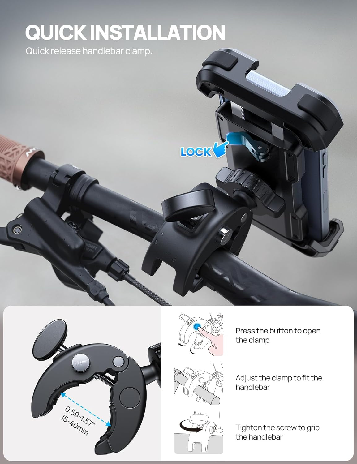 Bike Motorcycle Phone Holder Mount - [2024 Quick Release] Bike Phone Holder Handlebar Clamp, Bicycle Scooter Phone Clip for Iphone 15 14 13 12 11 Pro Max plus Mini, 4.7-6.8" Smartphone