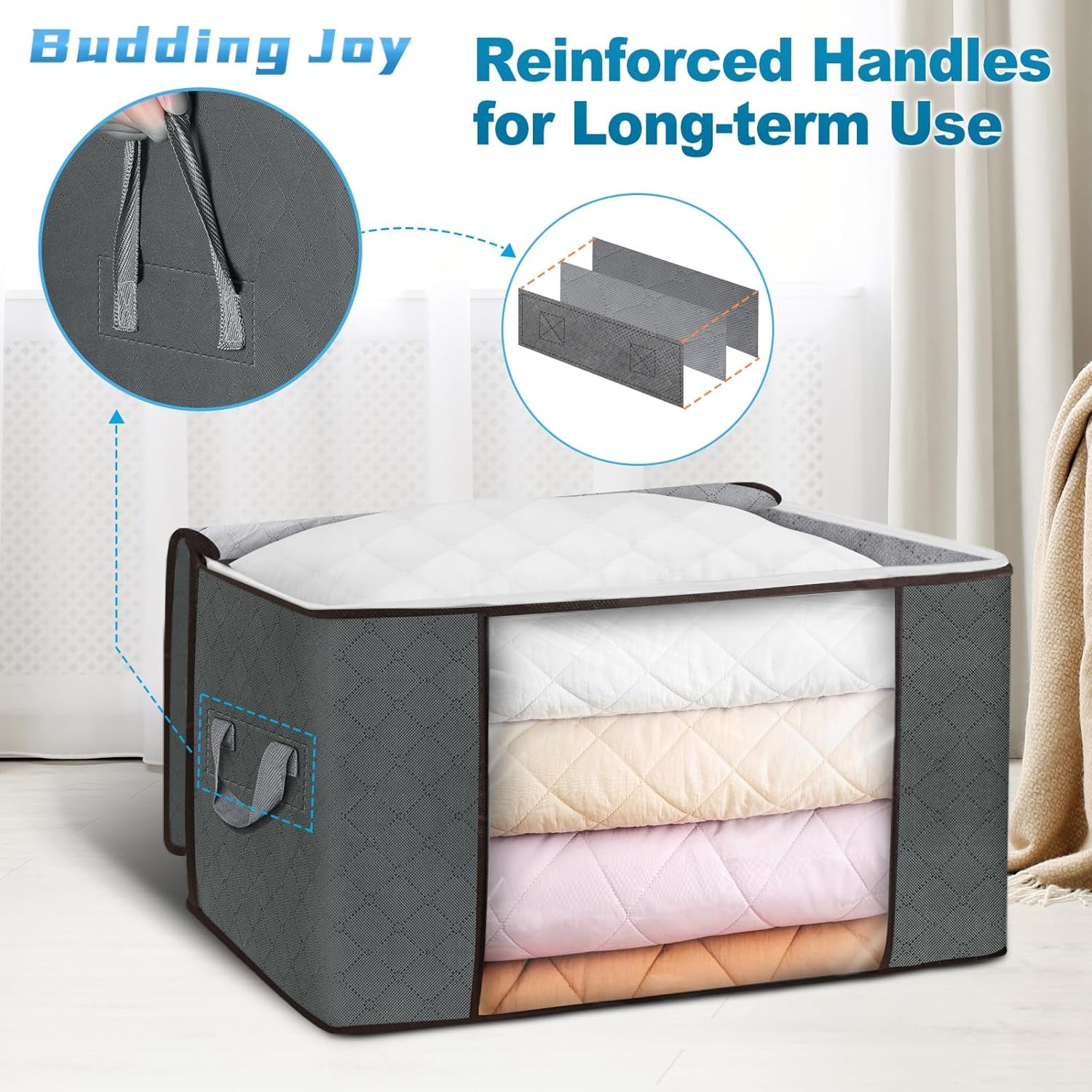 90L Large Storage Bags, 6 Pack Clothes Storage Bins Foldable Closet Organizers Storage Containers with Durable Handle for Clothing, Blanket, Comforters, Bed Sheets, Pillows and Toys (Gray)