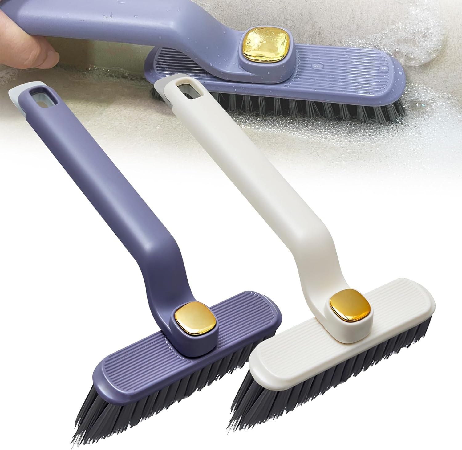 2 Pcs 360-Degree Rotating Multi-Function Hard Bristle Crevice Grout Cleaning Brush, 3-In-1 V-Shaped Baseboard Cleaner Tool with Handle, Ideal for Bathrooms, Kitchens, Window Tracks, and Other Corners.