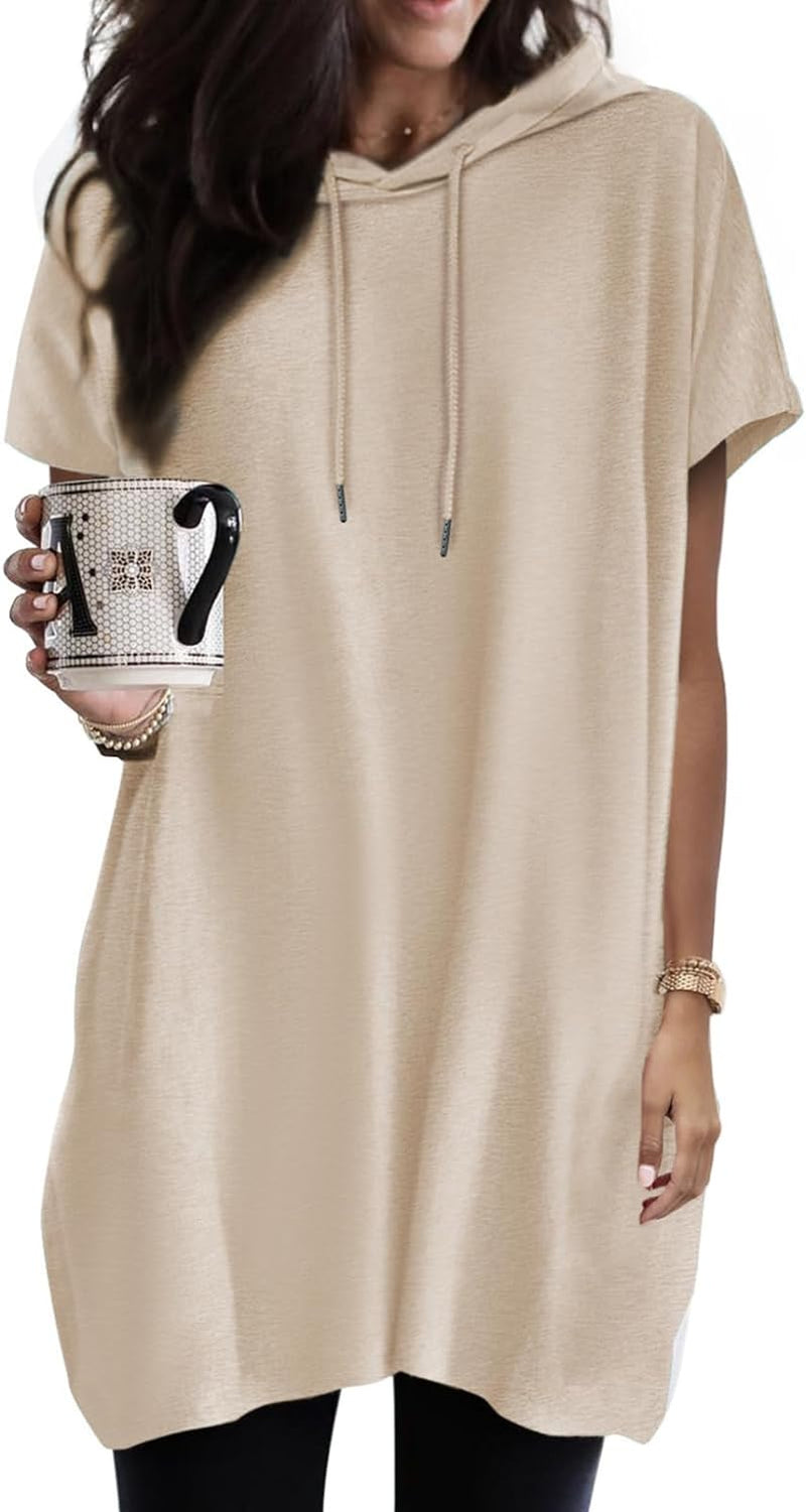 Womens Summer Oversized Hoodies Casual Short Sleeve Shirts Fashion Tunic Tops with Pockets