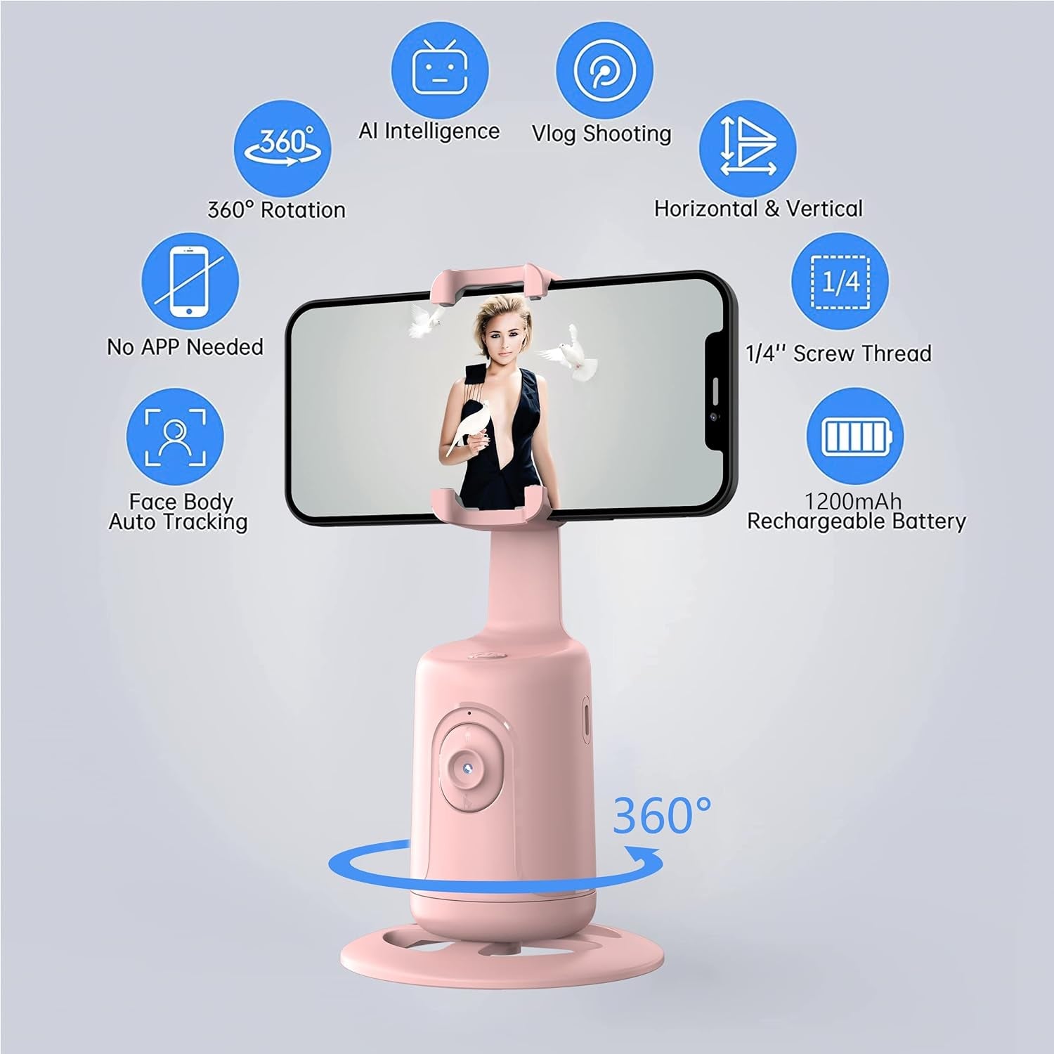 Auto Face Tracking Tripod, 360° Rotation Face Body Phone Camera Mount Smart Shooting Phone Tracking Holder with Remote,No App, Gesture Control,Smart Shooting Holder for Vlog, Streaming,Tiktok-Pink