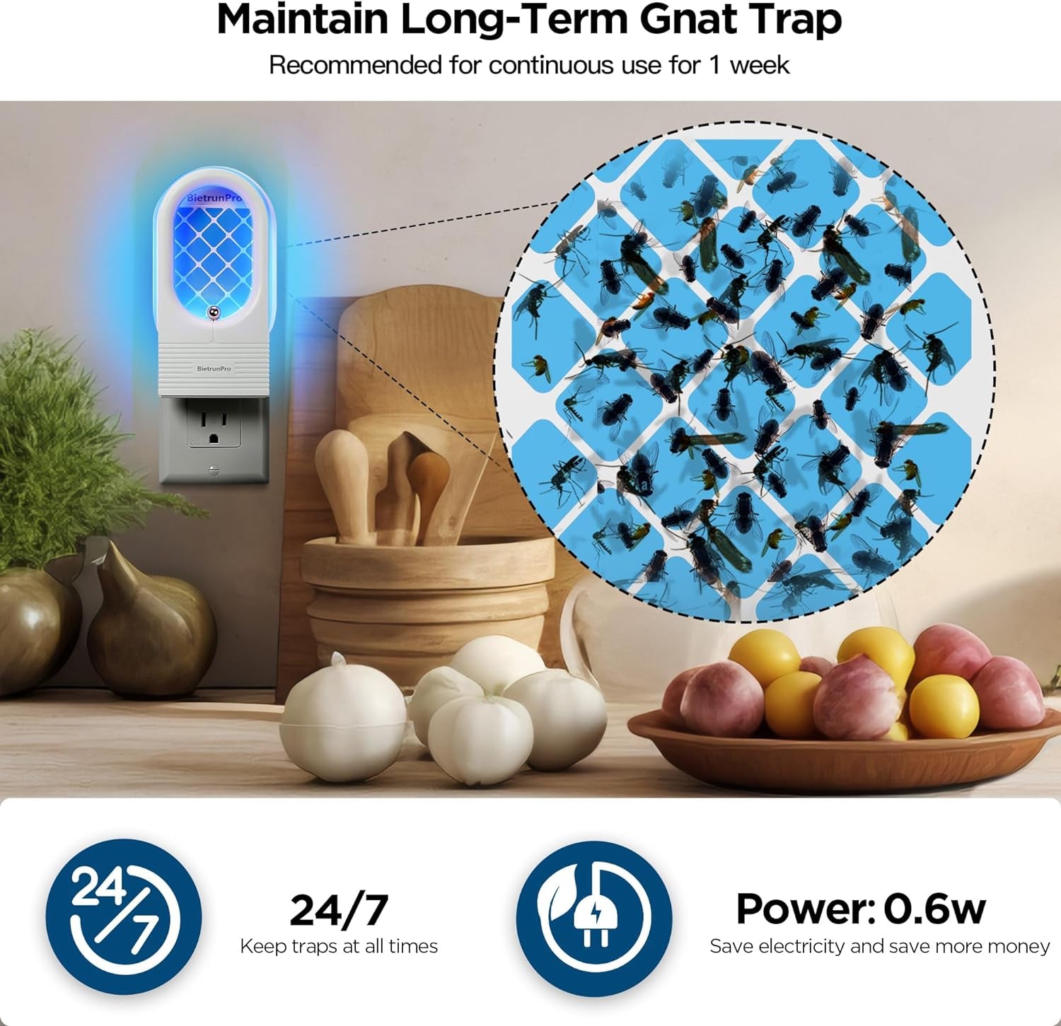 Fruit Fly Traps for Indoor, Gnat Traps, Plug-In Uv＆Blue Light Bug Trap Catcher, Home Flying Insect Plant Gnat Sticky Traps for Flies, Fruit Flies, Moths, Mosquitoes, Gnats, Fungus, Other(+3 Refill)