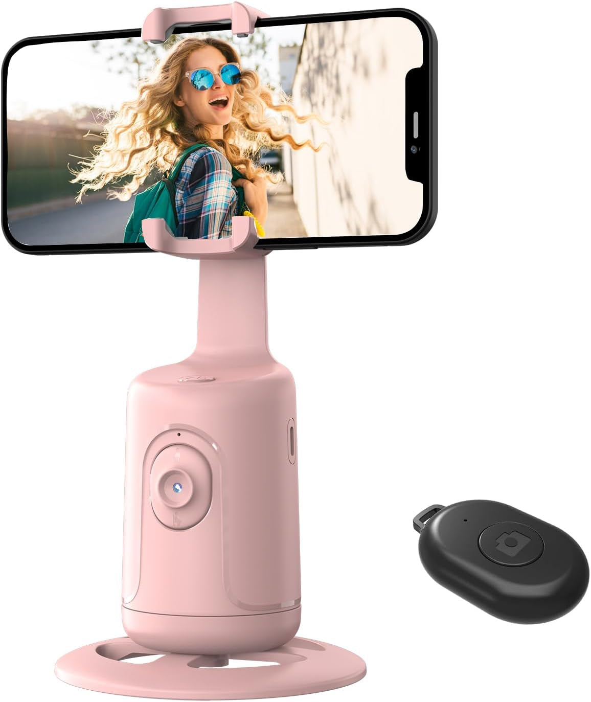 Auto Face Tracking Tripod, 360° Rotation Face Body Phone Camera Mount Smart Shooting Phone Tracking Holder with Remote,No App, Gesture Control,Smart Shooting Holder for Vlog, Streaming,Tiktok-Pink