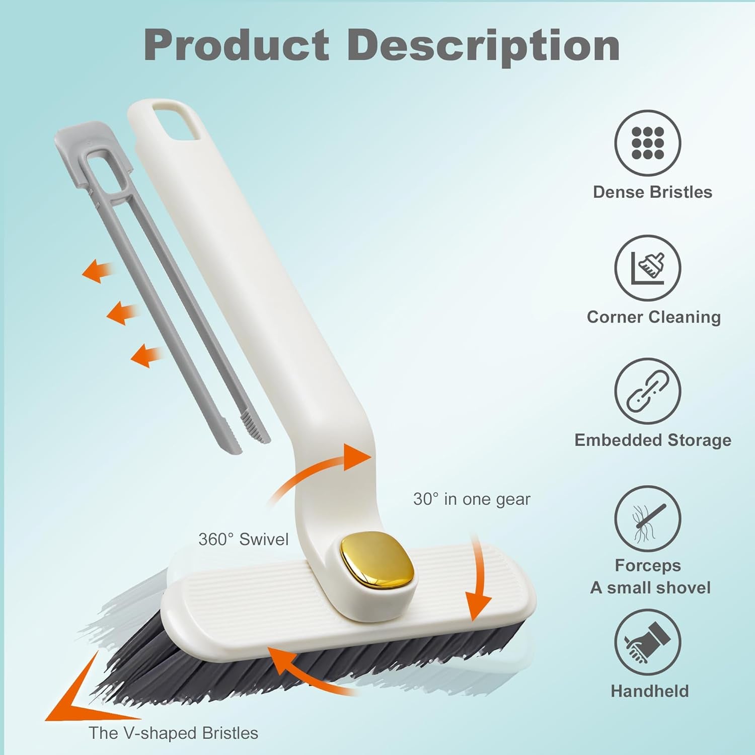 2 Pcs 360-Degree Rotating Multi-Function Hard Bristle Crevice Grout Cleaning Brush, 3-In-1 V-Shaped Baseboard Cleaner Tool with Handle, Ideal for Bathrooms, Kitchens, Window Tracks, and Other Corners.