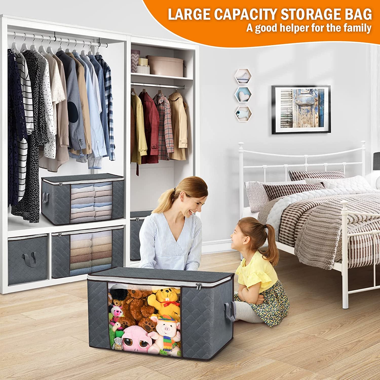 90L Large Storage Bags, 6 Pack Clothes Storage Bins Foldable Closet Organizers Storage Containers with Durable Handle for Clothing, Blanket, Comforters, Bed Sheets, Pillows and Toys (Gray)