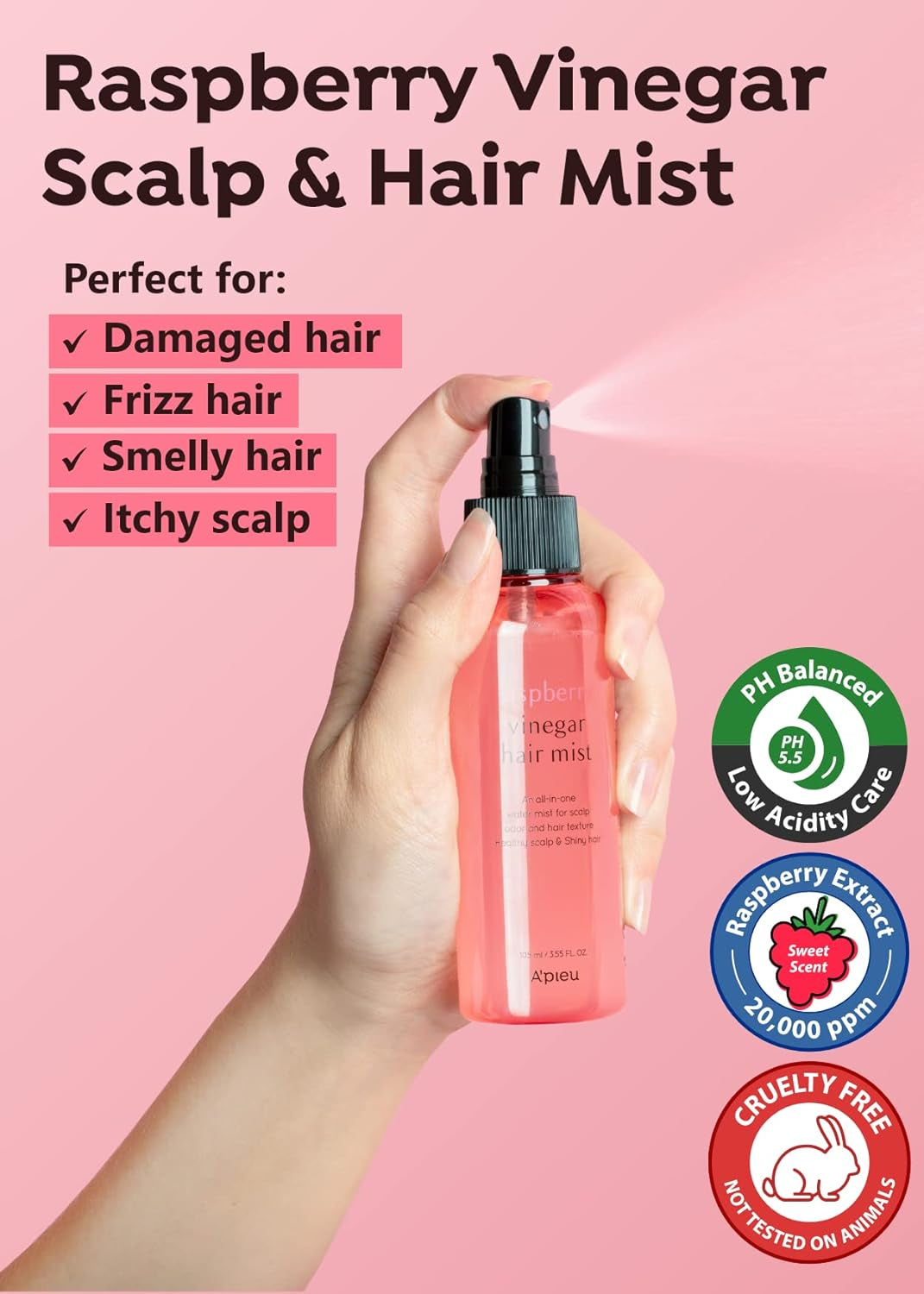 RASPBERRY VINEGAR HAIR MIST (3.55 Fl Oz) Scalp Hair Care Mist, Frizz-Free, Refreshing Floral Scent All Day, Non-Sticky