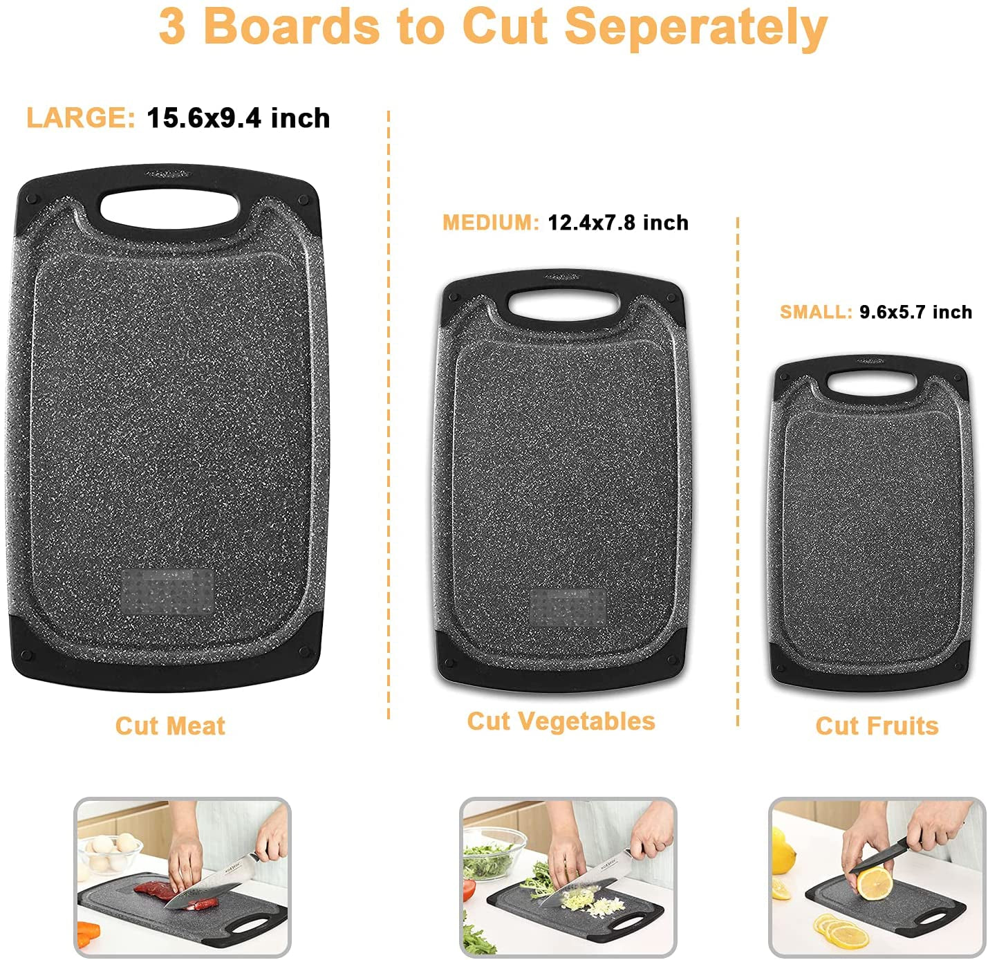 Cutting Boards for Kitchen, Large-Small Cutting Board Set of 3, Dishwasher Safe, Juice Groove, Easy Grip Handle, Non-Slip Rubber Cutting Board